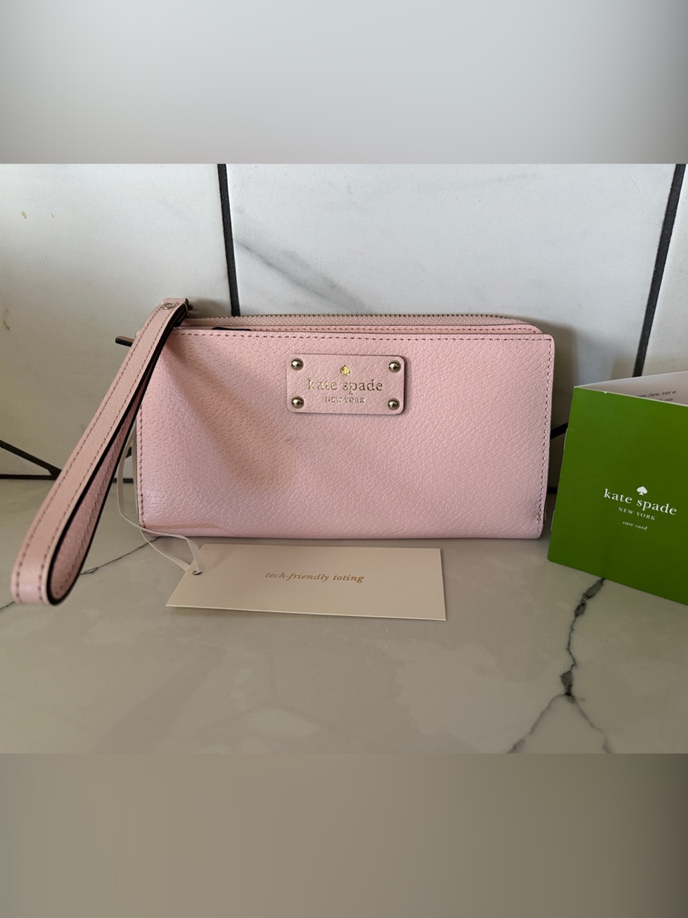Kate ♠️ Spade Pink Leather Wristlet Clutch with Gold Logo Plate